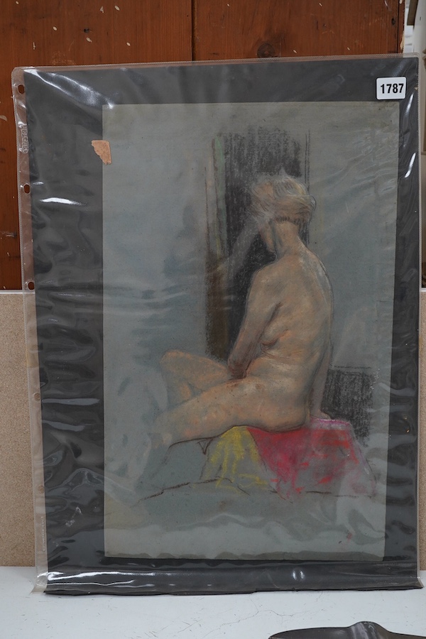 Two works comprising: 20th century School, pastel on paper, Study of a seated nude woman and a pencil and watercolour, Study of three dancing women, indistinctly signed and dated June 1938, largest 38 x 55cm, unframed. C